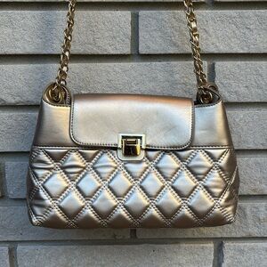 Elizabeth Grant Metallic Beige Quilted Faux Leather Bag with Chain Strap
